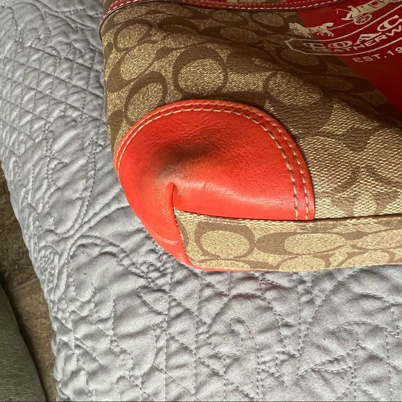 Coach Signature Monogram Orange and Tan Patent Leather Tote Shoulder Bag Y2K - Picture 12 of 13